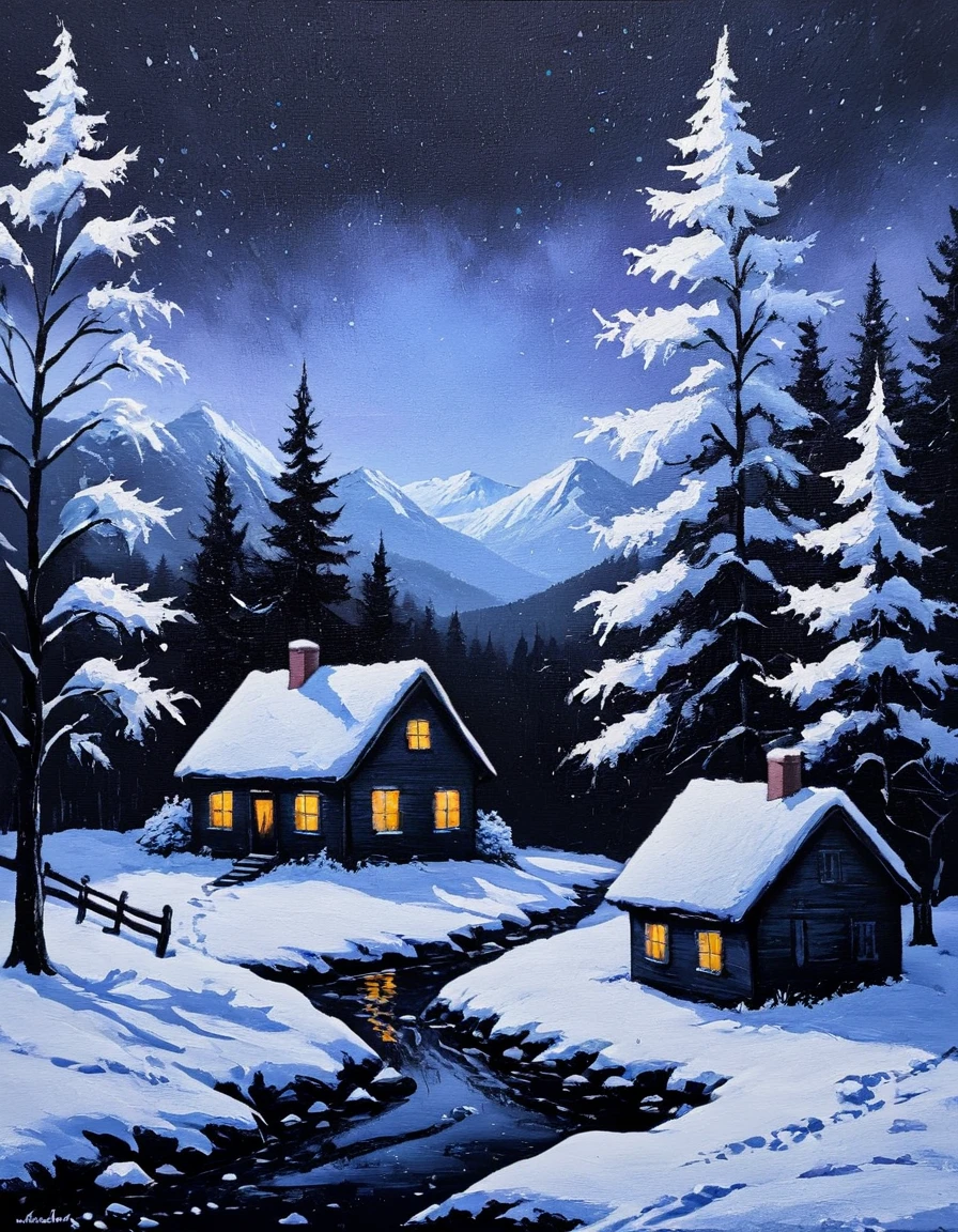 novuschroma49 style winter landscape, painting on black canvas <lora:novuschroma49 style_2:1>