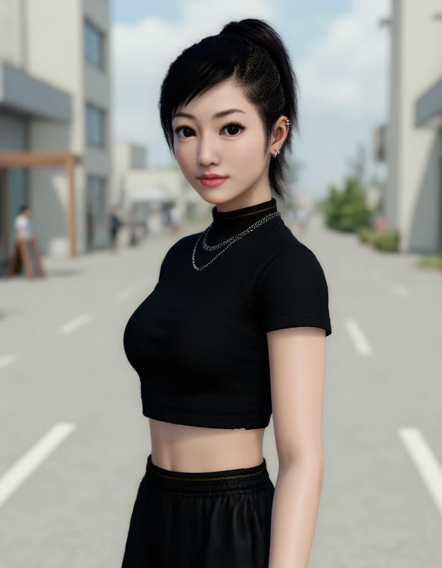 <lora:Chitose_Fujinomiya-000033:1> Photo of Chitose Fujinomiya with pony tail on the street. She is wearing black short-sleeved crop top and black training pants.