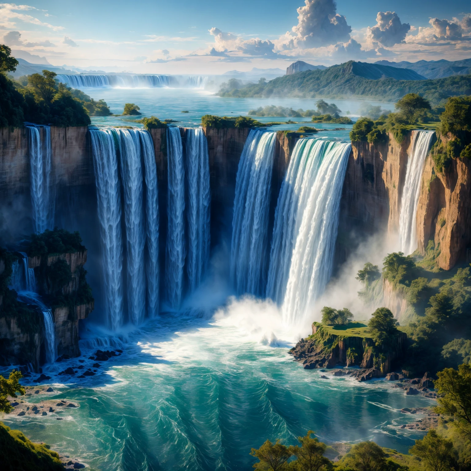 (many large waterfalls), (are roaring down from a tall cliff), (into a large lake), <lora:pwepwv2:1>, elementalplanewater, <lora:more_details:0.6>, high quality, highres, masterpiece, best quality, 8k, intricate, detailed, <lora:add_detail:0.6>, very detailed