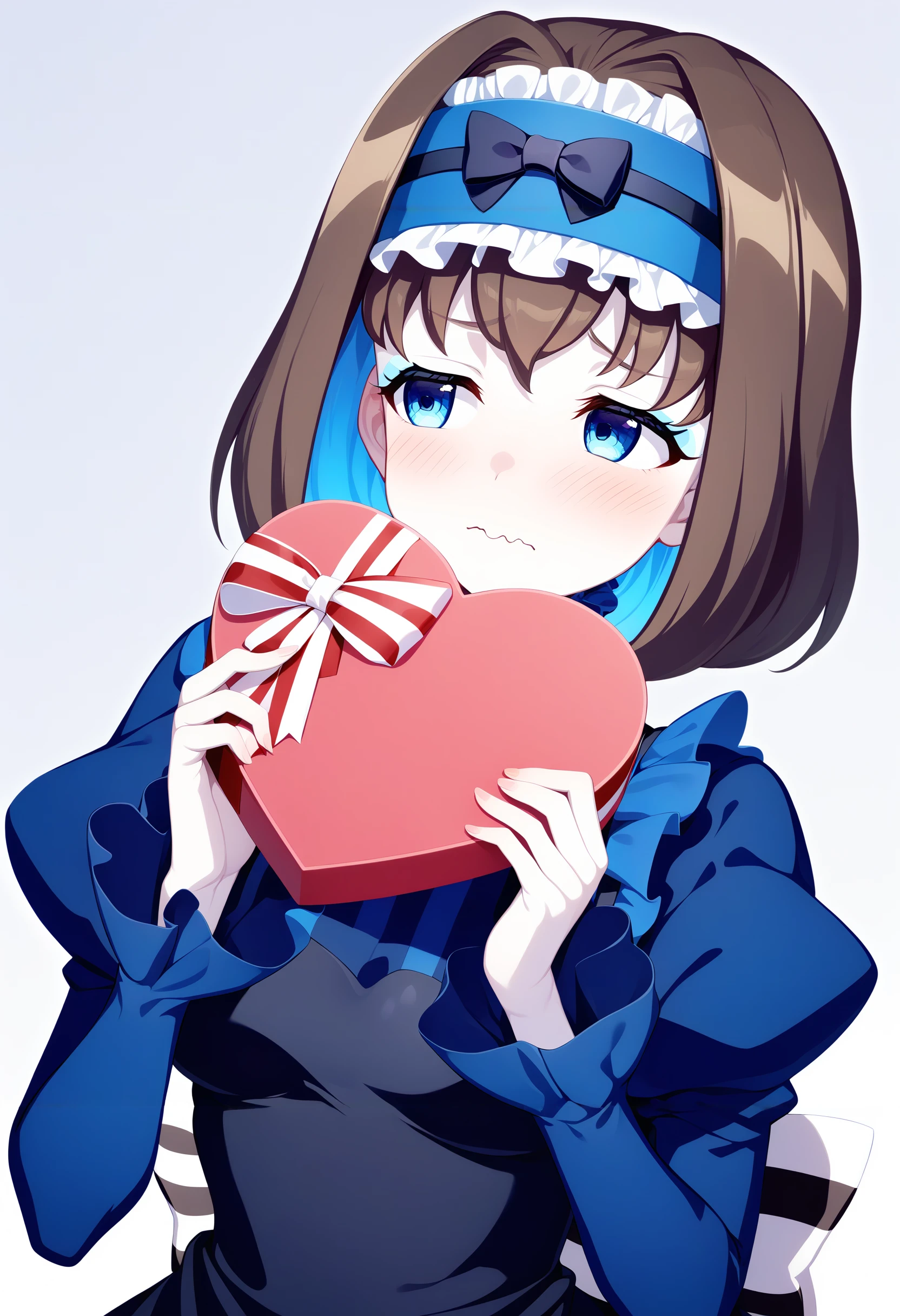 1girl,Garie,solo,,frilled dress, puffy sleeves, juliet sleeves, striped bow, wavy mouth,white sky, 
3: , holding gift ,heart-shaped box ,blush,  valentine, closed mouth, white background, half-closed eyes, looking afar, 
,depth of field, masterpiece,best quality, ultra-detailed,official wallpaper,highres,  ultra-detailed 8k wallpaper, extremely clear   , newest,  <lora:garie_loha_v5-000007:1>