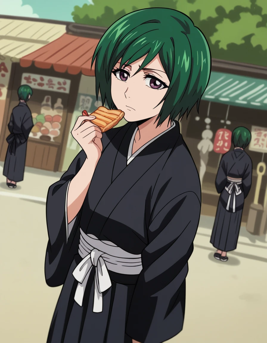 score_9, score_8_up, score_7_up, source_anime, <lora:nozomi-kujo-anime-ponyxl-lora-nochekaiser:1>, nozomi, short hair, green hair, purple eyes,, nozomishinigami, japanese clothes, kimono, hakama, black kimono, black hakama,, street market, vendor, street food, bustling crowd, local flavor, vibrant, , looking at viewer, foot crossed over, hand behind back, knee bent, solo,, cowboy shot, dutch angle