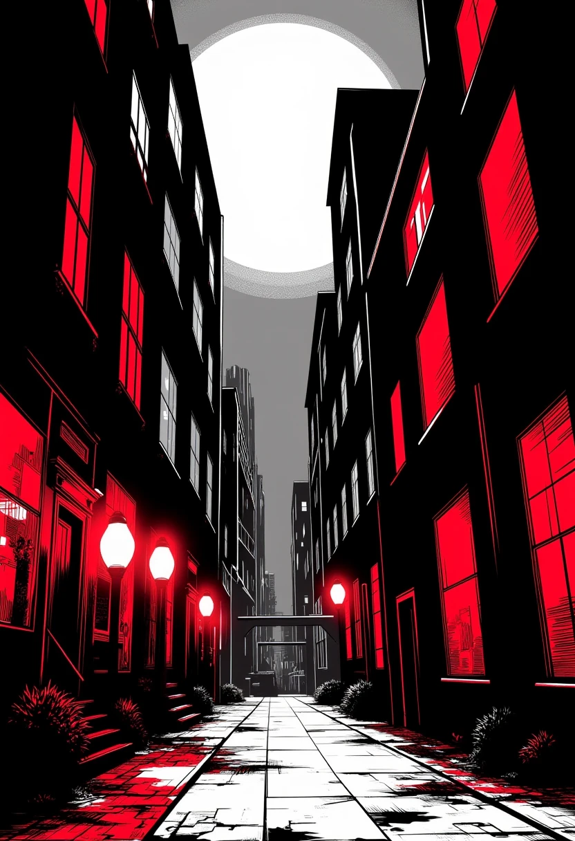 <lora:lnrnr_flux_EliPot:1>, noir comic style with grey with red accents hues, city streets with windows and doors and street lights , at night with white moon in background