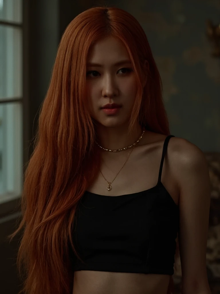 Portrait of blaros woman wearing a black crop top. She has long red hair.