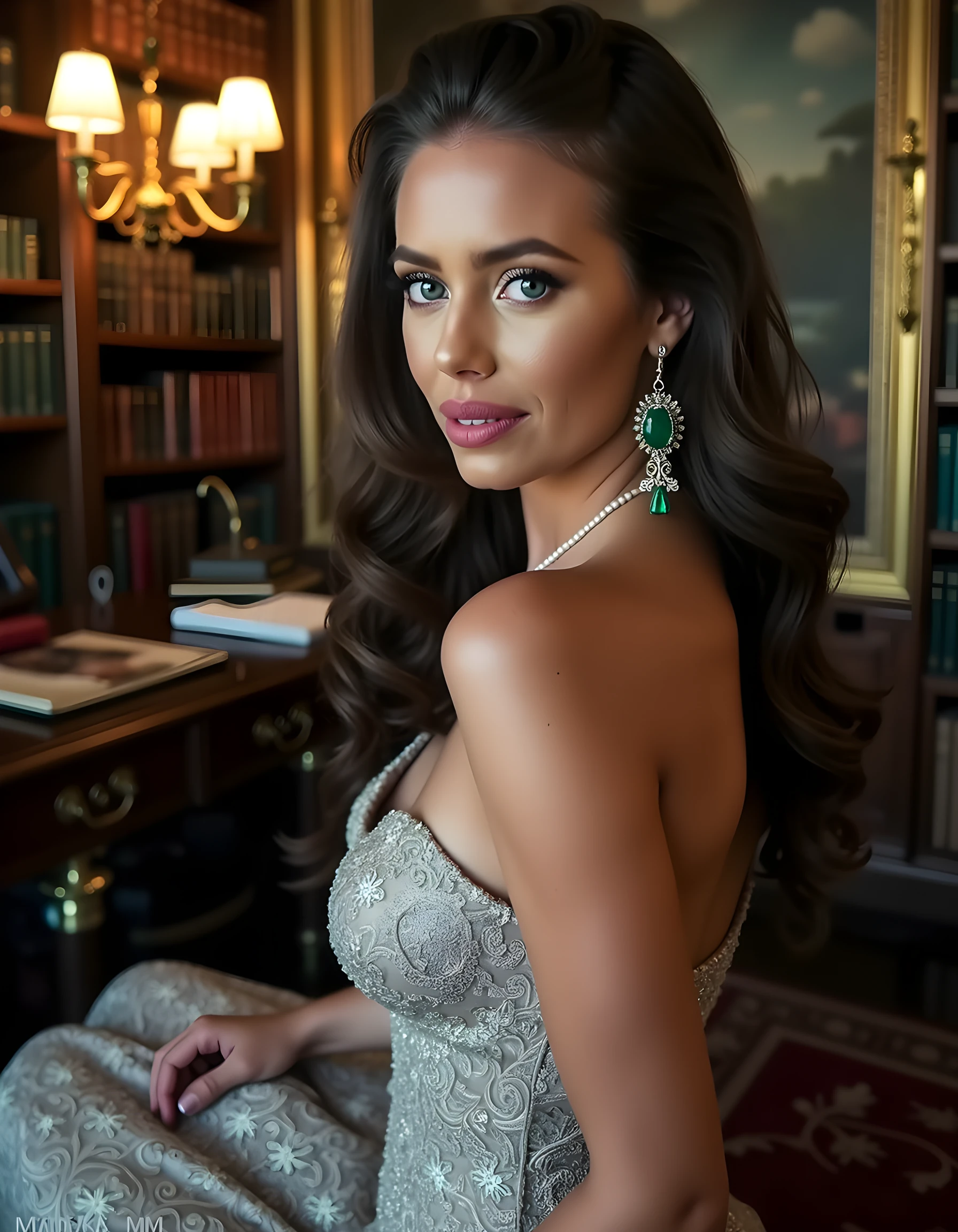 N1C0L3AN, In a dimly lit, opulent study adorned with antique books and leather-bound tomes, a woman poses seductively with a mysterious air, her deep blue eyes gazing intently at the camera. Her crimson lips are parted ever so slightly, revealing a hint of a smile. She wears an intricate gown of shimmering silver lace that cascades gracefully around her slender frame, adorned with delicate pearls and diamonds that glisten in the soft candlelight. Her long, raven hair is styled into waves that fall like ink-black silk over her shoulders. Hanging from her ears are two large, ornate emerald earrings that catch the light and cast a green hue across her flawless complexion. The camera angle is low, capturing her from an intimate perspective, highlighting the allure of her high cheekbones and the curve of her neck as she gazes into the distance with an enigmatic expression.