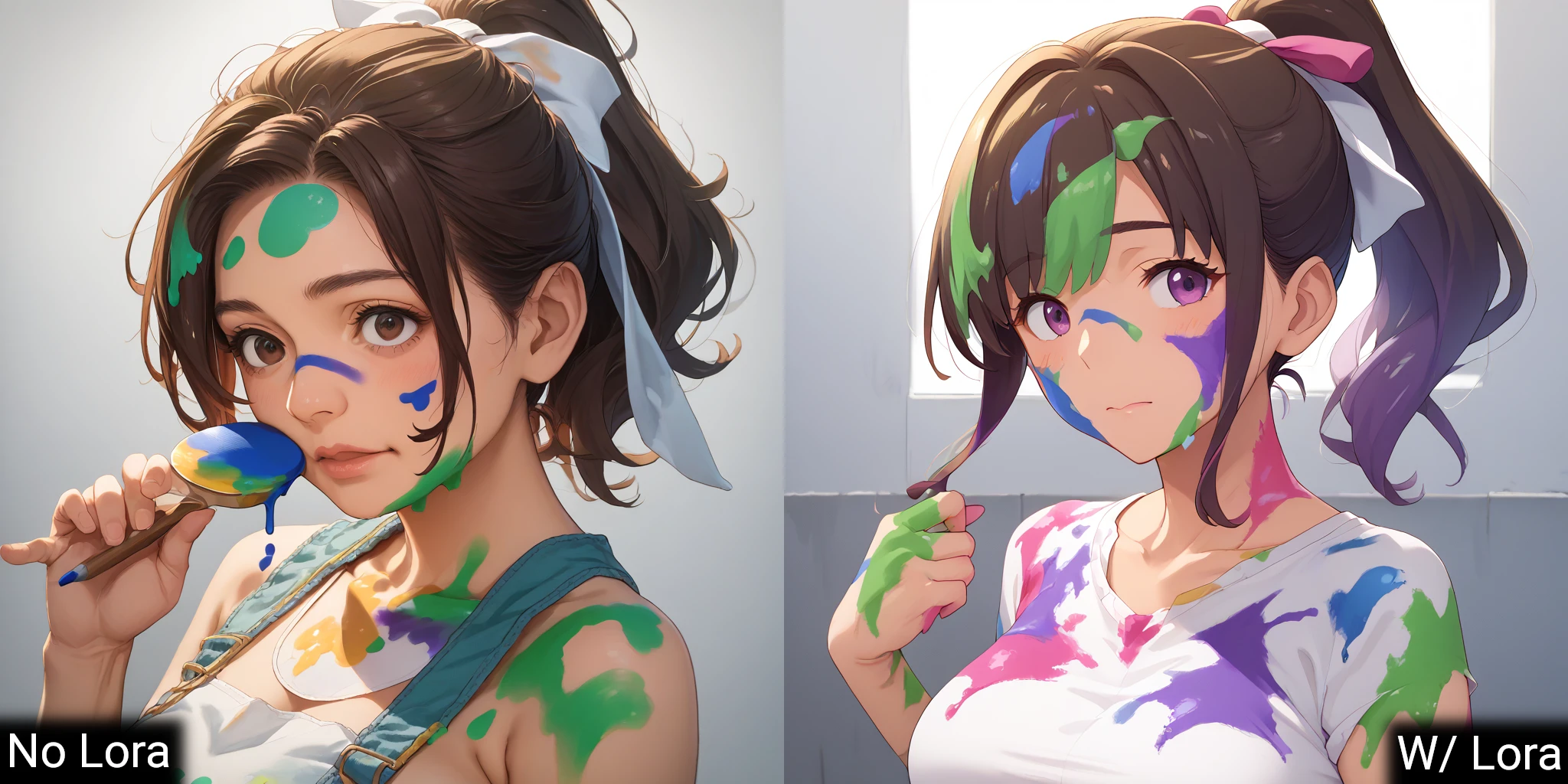 score_8_up,rating_safe,mature college art student covered in paint and in shock,D:,paint on face,paint on clothing,paint on body,paint on hair,ponytail and hair ribbon,<paint-000003.safetensors:0.9>