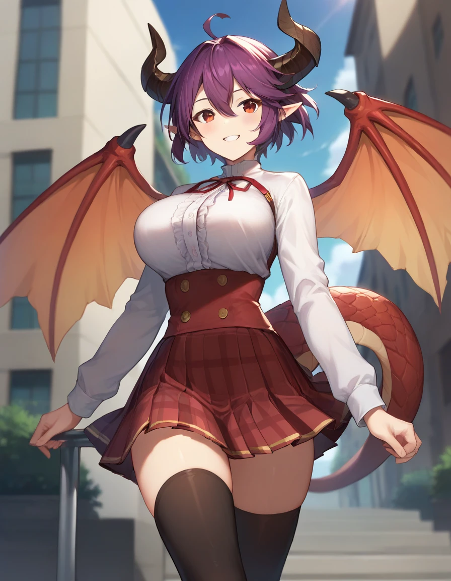 score_9,score_8_up,score_7_up,score_6_up BREAK official art,solo,outdoors,cowboy shot,looking at viewer,facing viewer,smile,Grea(snb),Grea uniform,dragon girl,dragon horns,short hair,purple hair,pointy ears,floating hair,hair between eyes,bangs,red eyes,white shirt,frilled shirt,center frills,long sleeves,large breasts,dragon wings,shirt tucked in,buttons,red skirt,high-waist skirt,pleated skirt,plaid skirt,dragon tail,zettai ryouiki,black thighhighs,loafers,brown footwear,<lora:Grea(snb)-Pony:1.3>,<lora:Smooth Anime Style LoRA XL:0.8>,