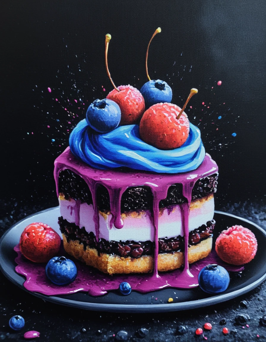 novuschroma49 style dessert  as a painting on black canvas <lora:novuschroma49 style_2:1>