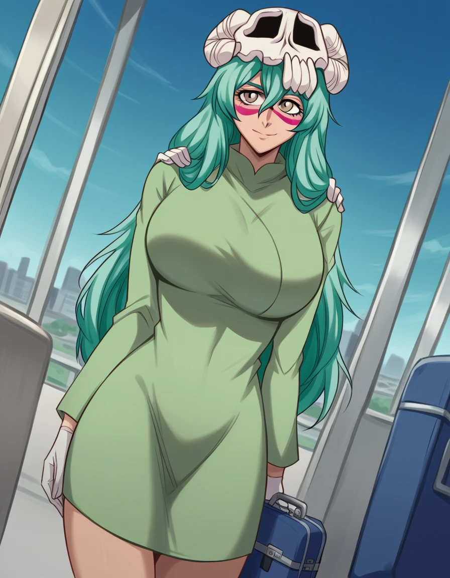 score_9, score_8_up, score_7_up, source_anime, <lora:nelliel-tu-odelschwanck-anime-ponyxl-lora-nochekaiser:1>, nelliel tu odelschwanck, long hair, green hair, facial mark, skull, brown eyes, green hair, large breasts,, espada suit, dress, white dress, long sleeves, collar, skirt, white skirt, gloves, white gloves,, train station, waiting for train, suitcase, traveling, commute, city skyline, hands behind back,, smile, , hand on shoulder, foot crossed over, knee up, solo,, cowboy shot, dutch angle