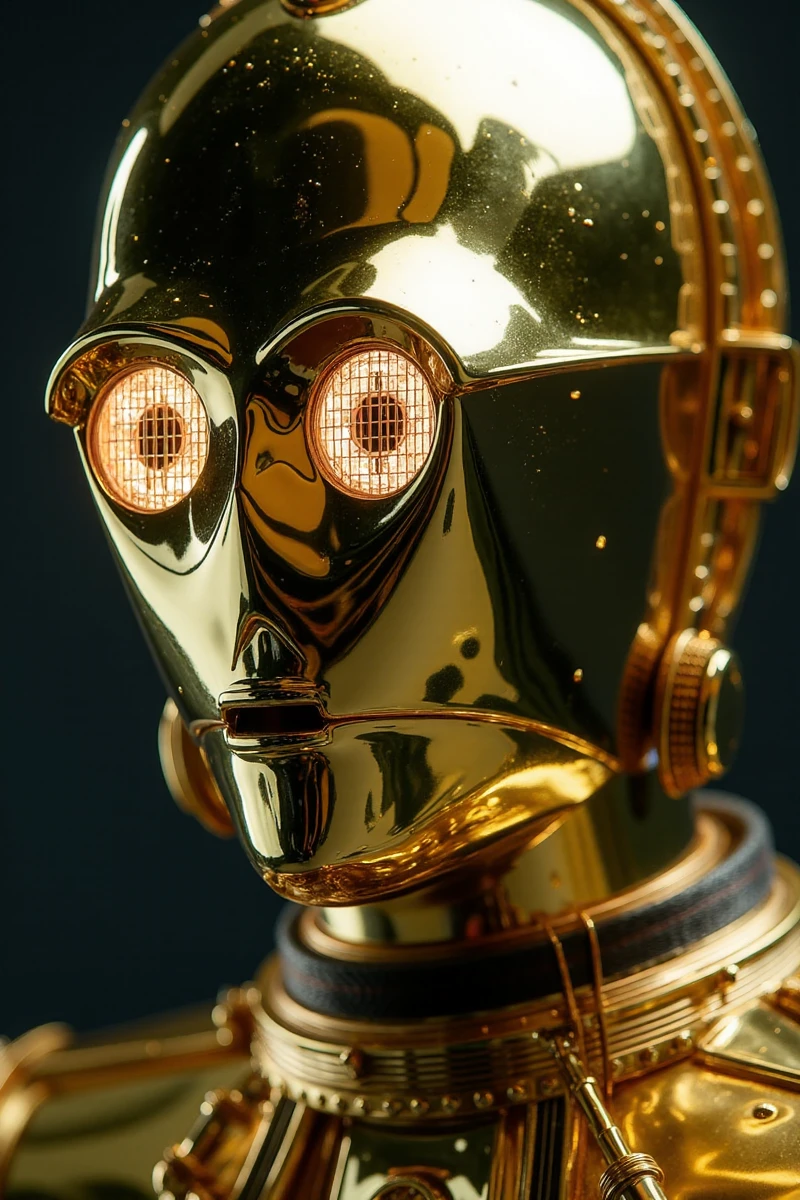 a closeup face portrait of C3PO. Star wars. Highly detailed. Professional photography  <lora:C3PO:0.9>