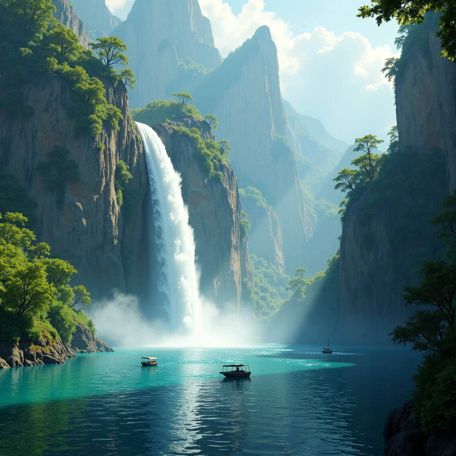 <lora:Elemental_Planes-Water:1>, elementalplanewater, a sweeping epic landscape shot of an impossibly large waterfall, in the style of fantasy art, the waterfall is emptying into a large lake, there are tiny boats on the opposite side of the lake from the waterfall, the lake is surrounded by a lush jungle