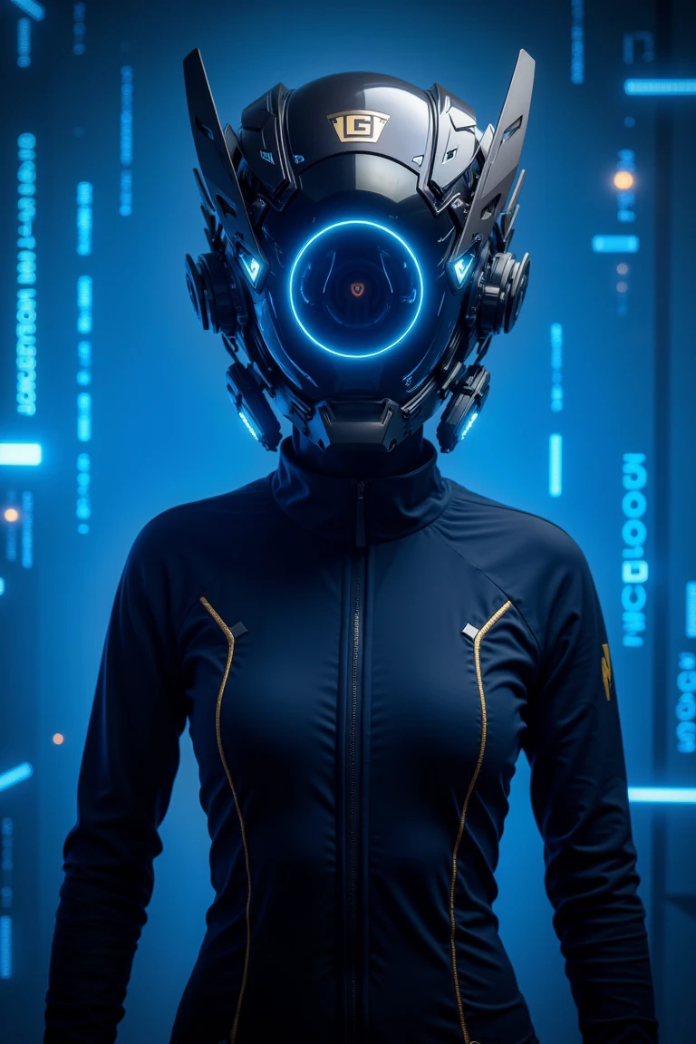 A realistic cosplay helmet with a sleek, aerodynamic design, featuring a matte black and gunmetal color scheme. The helmet has a glowing blue LED ring at its center with a circular symbol inside, surrounded by additional white and light blue lights. The side components of the helmet resemble advanced sensory equipment or communication units, crafted with precise, metallic detailing. The figure is wearing a form-fitting, high-tech dark navy bodysuit designed for a woman, with subtle gold accents along the seams. She is standing in front of a blue, hacker-themed background, filled with code, digital patterns, and glowing data streams. The helmet's lights cast soft blue and white hues, blending with the cybernetic atmosphere of the scene,cybernatichelmet