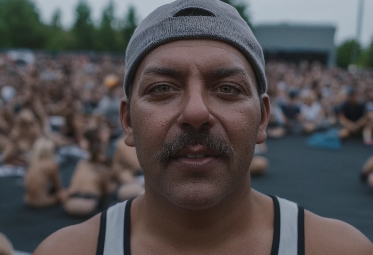 Big Lenny,man, (the singer on the stage at vans warped tour:2.14) at age 3 3 years old 3 3 years old, color ((((((moustache)))))), 1 9 4 2 in the style of diane arbus  and christopher morris-n 9  a jules cher-s aged photo by pe<lora:Big Lenny SDXL:0.9>