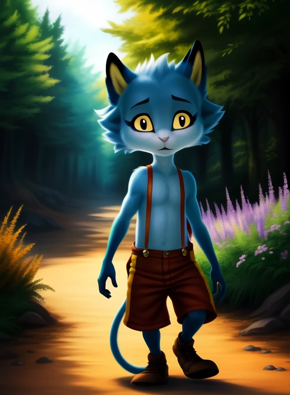 <lora:ChaleyGobYPYif:1> ChaleyGobYP, yellow sclera, black eyes, black ears, blue fur,  dark blue paws, red pants with suspenders, purple eyeshadow,  cat tail, chibi,
Looks at the viewer, Four fingers, (walking,,)
[ large window, (nature), forest, grass, day shining, clouds, flowers, ]
(beautiful, aesthetic, perfect, delicate, intricate, saturated colors), masterpiece, digital drawing, best quality,
[by personalami], by smitty g, [[[by Foxovh]]], [[by Ross Tran]]