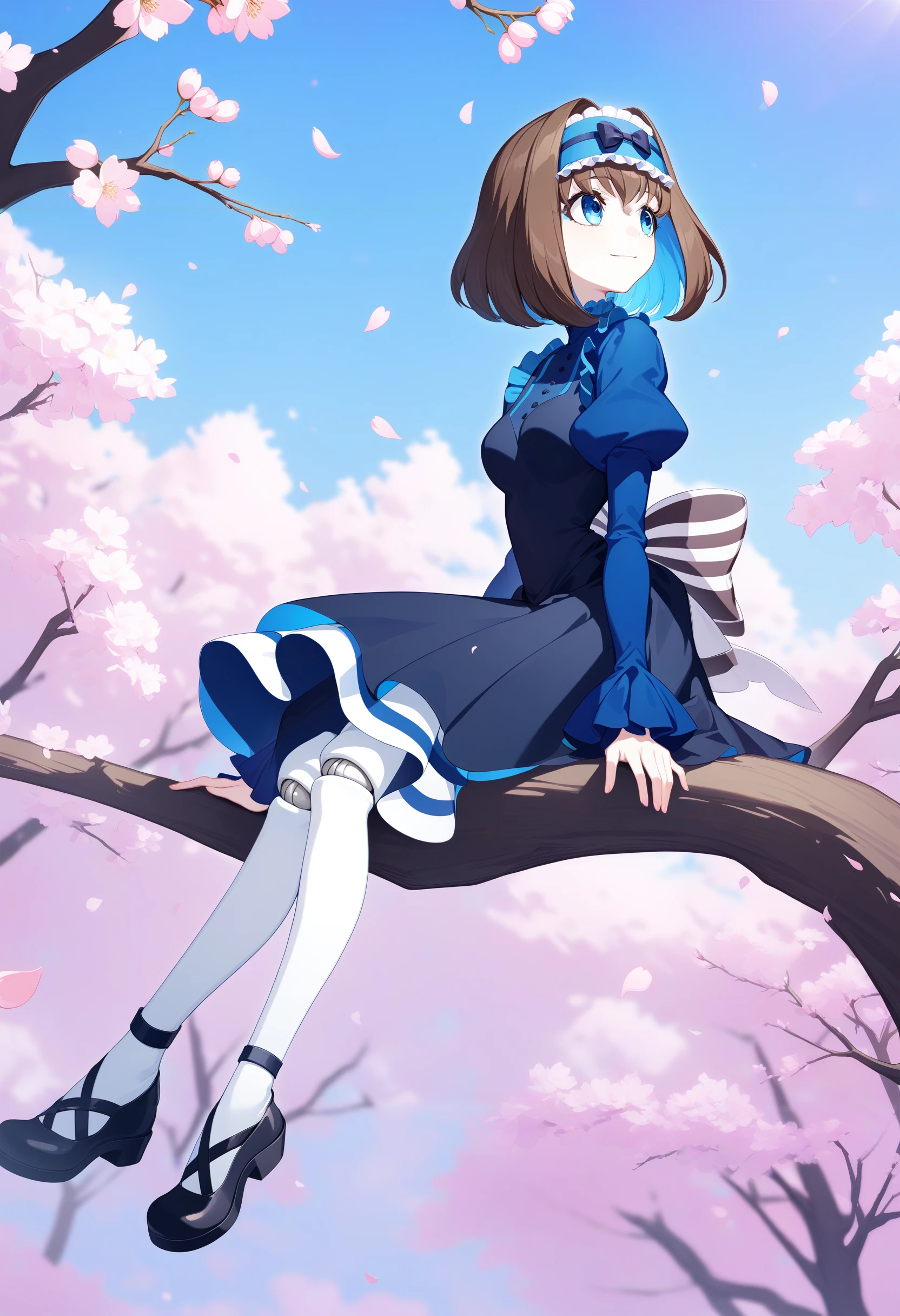 1girl,Garie,solo,,frilled dress, puffy sleeves, juliet sleeves, striped bow, mary janes, doll joints, 
light smile, 
cherry blossoms, outdoors,petals ,,looking up,sitting on branch ,wide shot, from side ,arm support, 
,depth of field, masterpiece,best quality, ultra-detailed,official wallpaper,highres,  ultra-detailed 8k wallpaper, extremely clear   , newest,  <lora:garie_loha_v5-000007:1>