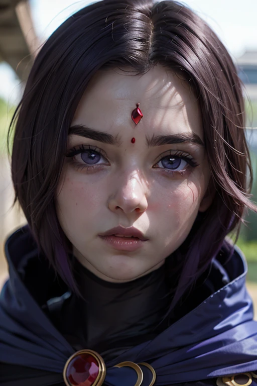 A stunning and intricate full color portrait in Ultra-HD, 16 year old girl, short purple hair, violet eyes, red gem on forehead, (grey skin), perfectly detailed face, blue cape, (dark leotard), epic characters ., alessio albi. nina masic, sharp focus, natural lighting, subsurface dispersion, f2, 35mm<lora:EMS-434451-EMS:1.000000>