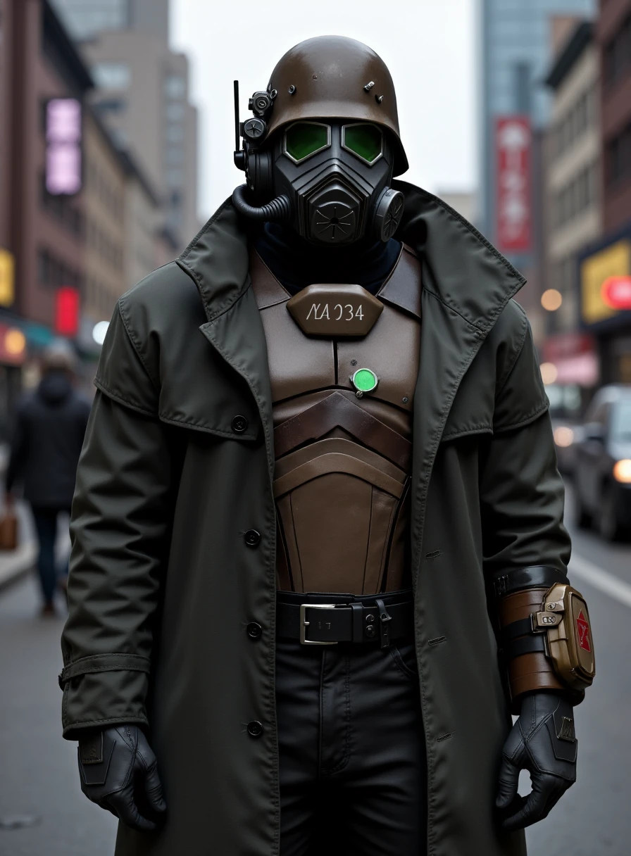 very detailed realistic photography of d3s3rtr4flux, helmet, gas mask, gloves, coat, standing in city, <lora:Desert_ranger_VX_-_Flux_Dev:1>