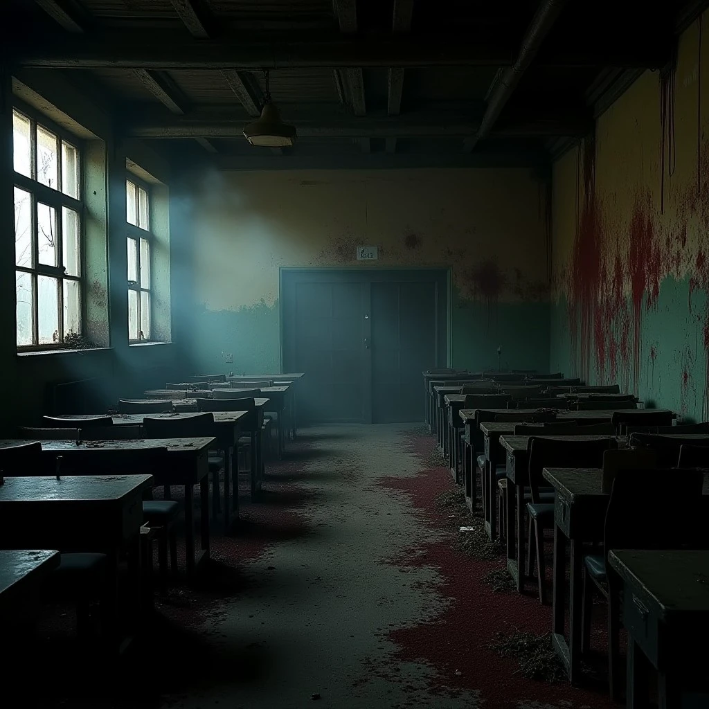 there is an abandoned dark burnt down old classroom with no humans, dark interior scene, dried up blood on walls, smoke and ashes, mist in the air, hyper realistic, horror environment, rusted silent hill, post grunge concept art, creepy environment, dark lighting, extreme wide shot with Sony Fx6