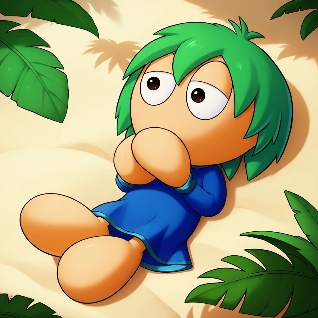 score_9, score_8_up, score_7_up, 1boy,
L3mm1ngs, Green Hair, Toony Feet, Blob Feet, Mitten Hands, Large eyes, blue robe, laying on a tropical beach under shade, surrounded by lush palm trees, soft white sand, dappled sunlight filtering through leaves, hyperrealistic, vibrant colors, cinematic lighting, peaceful atmosphere, detailed texture, digital painting