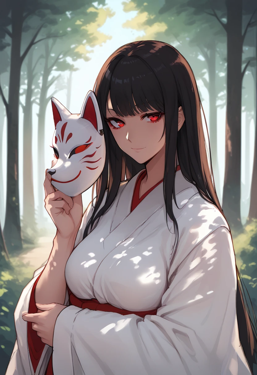 score_8_up, woman, long hair, black hair, outdoors, forest, upper body, shade, white kimono, wearing, fox mask, holding mask,  red eyes, looking at viewer, seductive smile, 
 <lora:FoxMask:1>