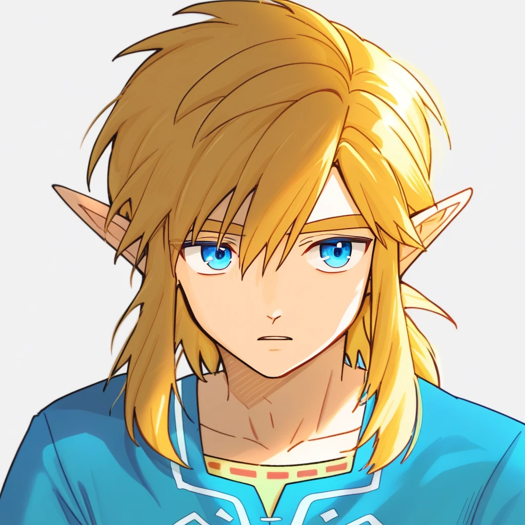 1boy,solo,male focus,link1,link,pointy ears,blonde hair,blue eyes,medium hair,blue shirt,hair between eyes,