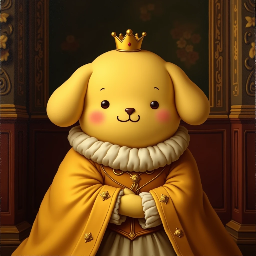 A Renaissance-style oil painting of POMPOMPURIN, maintaining his simple, iconic design with smooth, custard yellow fur and his signature floppy ears. He is depicted in a grand, aristocratic pose, wearing elegant, regal attire with a small crown atop his head. The background features the opulent interior of an old manor, with dark, rich tones and ornate details that evoke the atmosphere of a classic ancestral portrait. The painting style should resemble that of an ancient, treasured artwork, but it should preserve the illustrative and cartoonish look of POMPOMPURIN, avoiding any realistic fur or texture details, and instead focusing on the charm and simplicity of his original design."