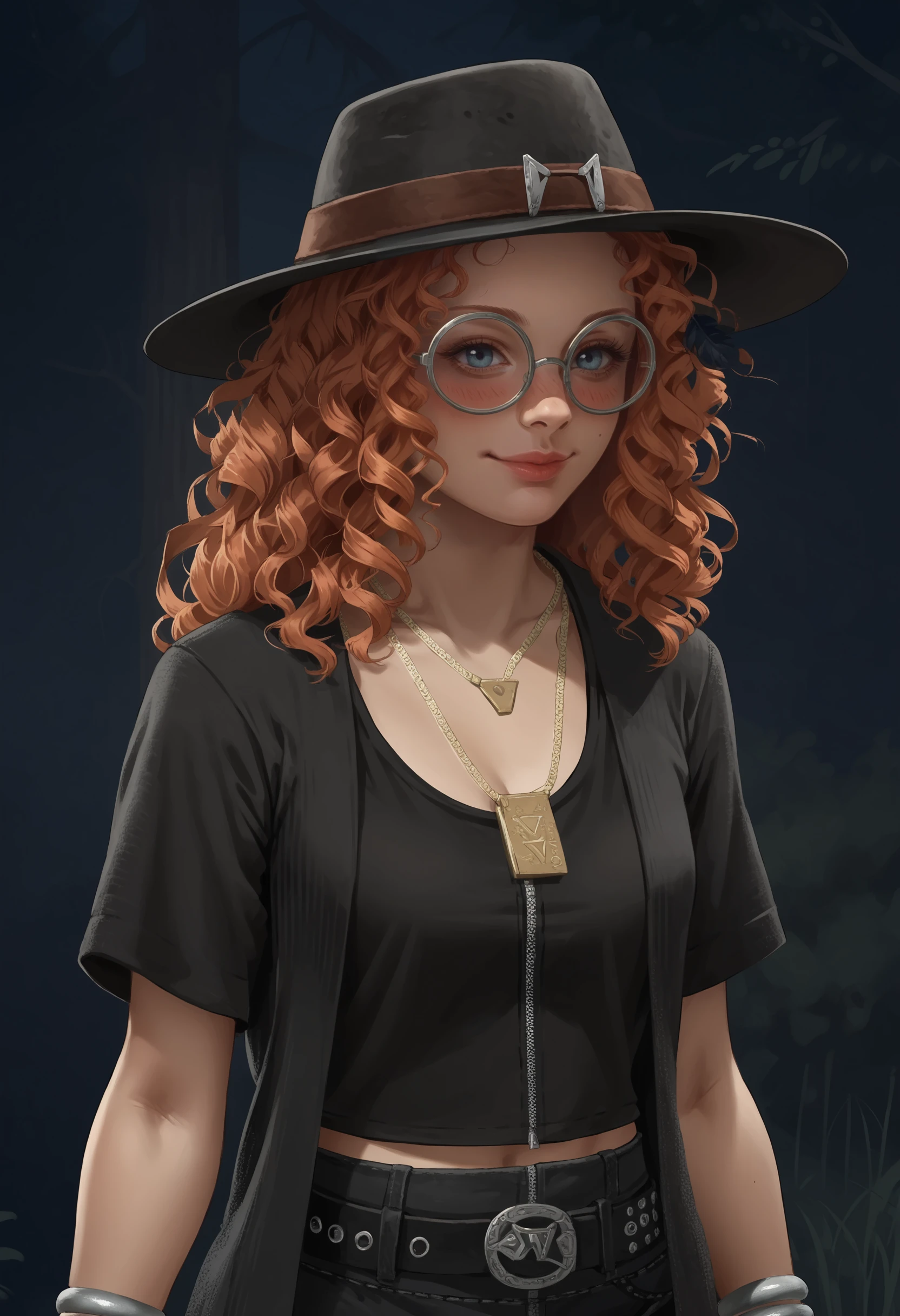 score_9, score_8_up, score_7_up, score_6_up, score_5_up, score_4_up, 1girl, <lora:MikaelaReidDBD:0.8> solo, long hair, orange hair, curly hair, lips, hat, jewelry, glasses, round eyewear, necklace, shirt, belt, bracelet, upper body, standing, smile, blush, from side
(light blue background:1.2), simple background,