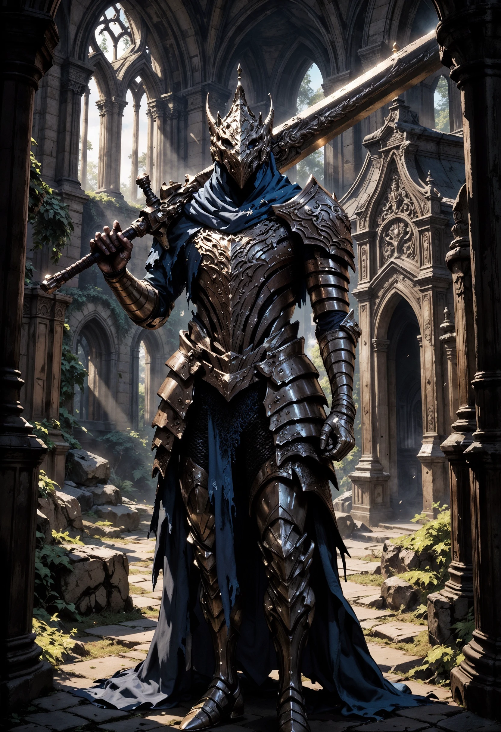 FluxArtorias, A towering knight clad in gleaming armor, wielding a sword over his shoulder, patrols the grounds of a weathered church. This scene is depicted in stunning detail, resembling an ultra-realistic dark fantasy painting. The knight's intricate armor shines with a majestic luster, contrasting with the somber backdrop of the ancient church. The artist's attention to realism and dark ambiance immerses the viewer in a world of fantasy and mystery, making this image truly captivating. <lora:FluxArtorias:1> <lora:fluxenhancer:0.5>   <lora:FluxMythP0rtr4itStyle:0.8> mythp0rt