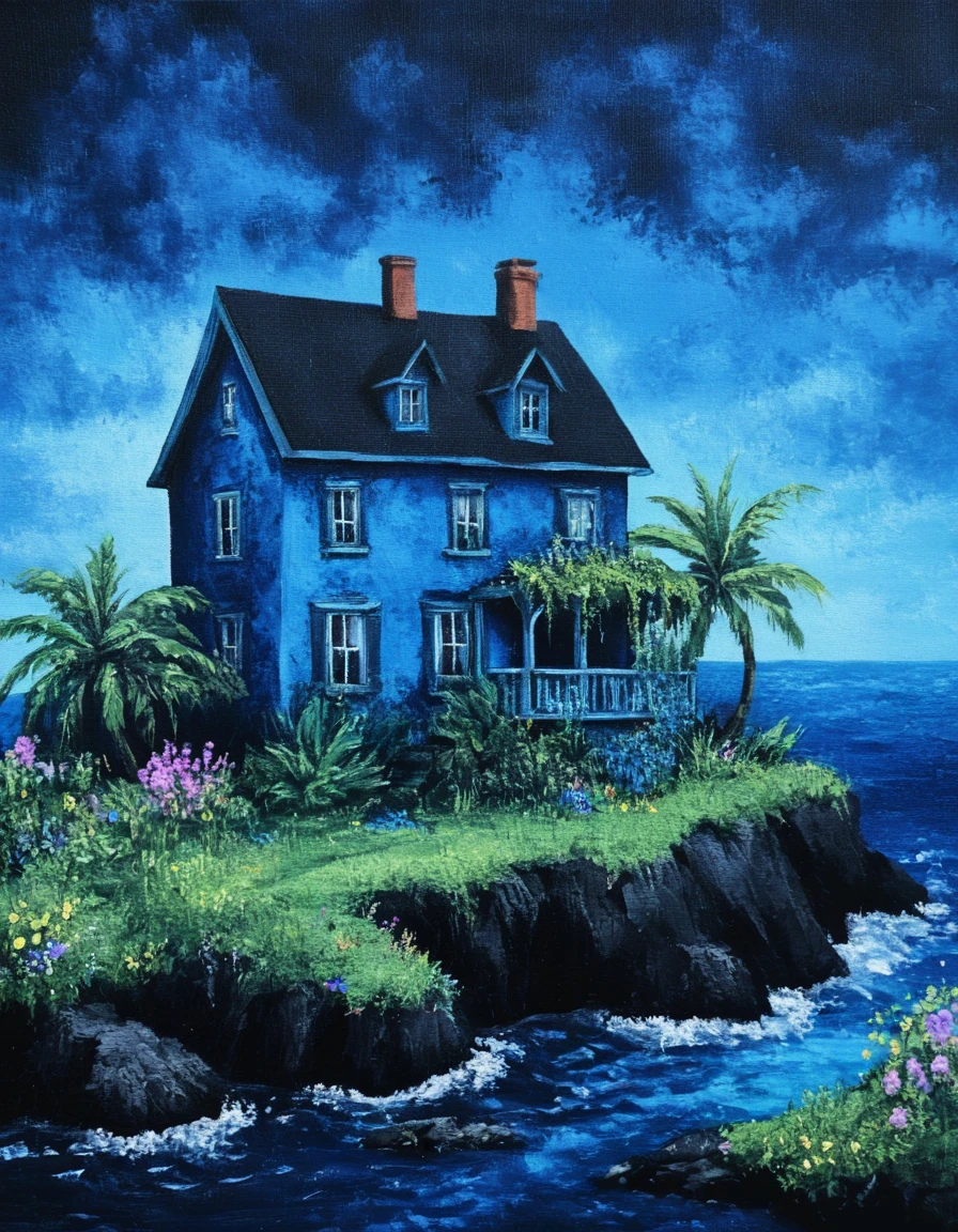 novuschroma49 style The House in the Cerulean Sea  as a painting on black canvas <lora:novuschroma49 style_2:1>