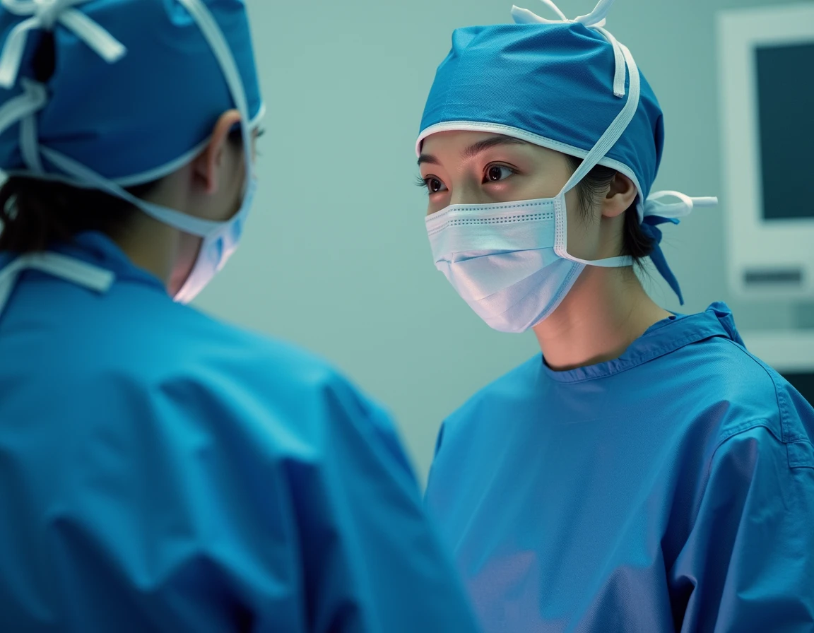 A beautiful Japanese female surgeon in operating room. She wears long sleeve surgical outfit, surgical cap, surgical mask and gloves. View from side, she is talking to an operating room nurse.
 <lora:surgical_outfits_for_flux-000006:1>