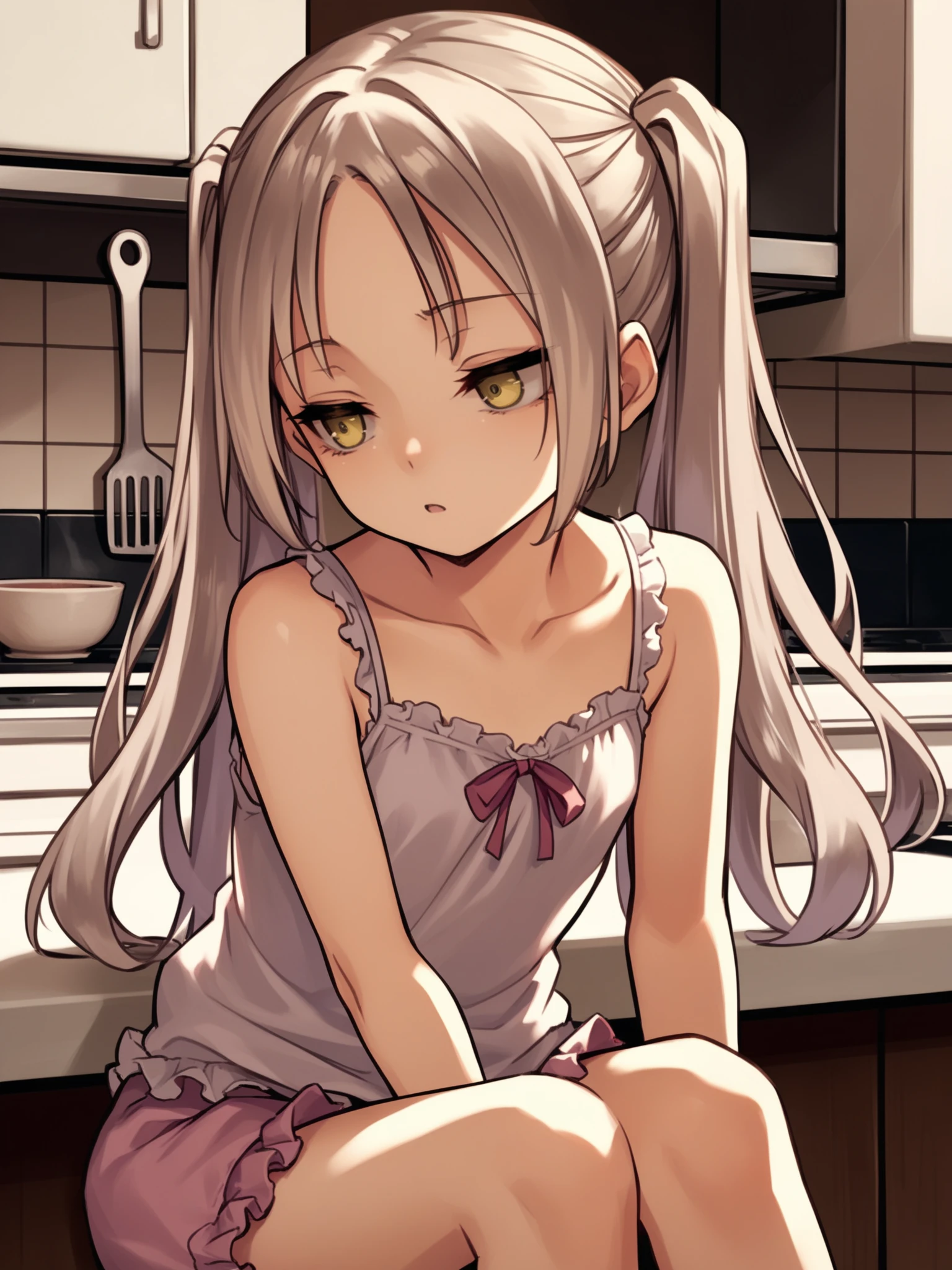 <lora:happy_tentacle-teshiko-v0.1-000044:1>, ht_teshiko, camisole, frilled shirt, frilled shorts, bloomers, sleeveless, kitchen , 1girl, solo, upper body , half-closed eyes , (excited :1), , looking away , sitting , facing viewer , score_9, score_8_up, score_7_up, score_6_up, score_5_up, score_4_up