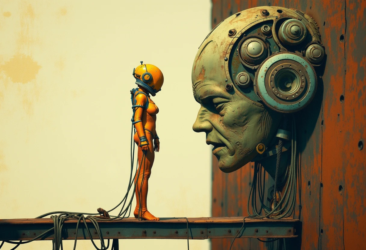 pscl, a gold woman wearing a orangish leotard wearing a metal helmet over her head with pipes coming down the bottom standing on a metal ledge with wires standing face to face with a enigmatic head sticking out of the rusted wall with intricate metal designs around it, the background is whitish creamy faded splotchy and theres a gold outline around the prominent aspects of the image, thin circular pencil drawn lines are barely visible on the womans body and on the wall and on the face coming out of the wall