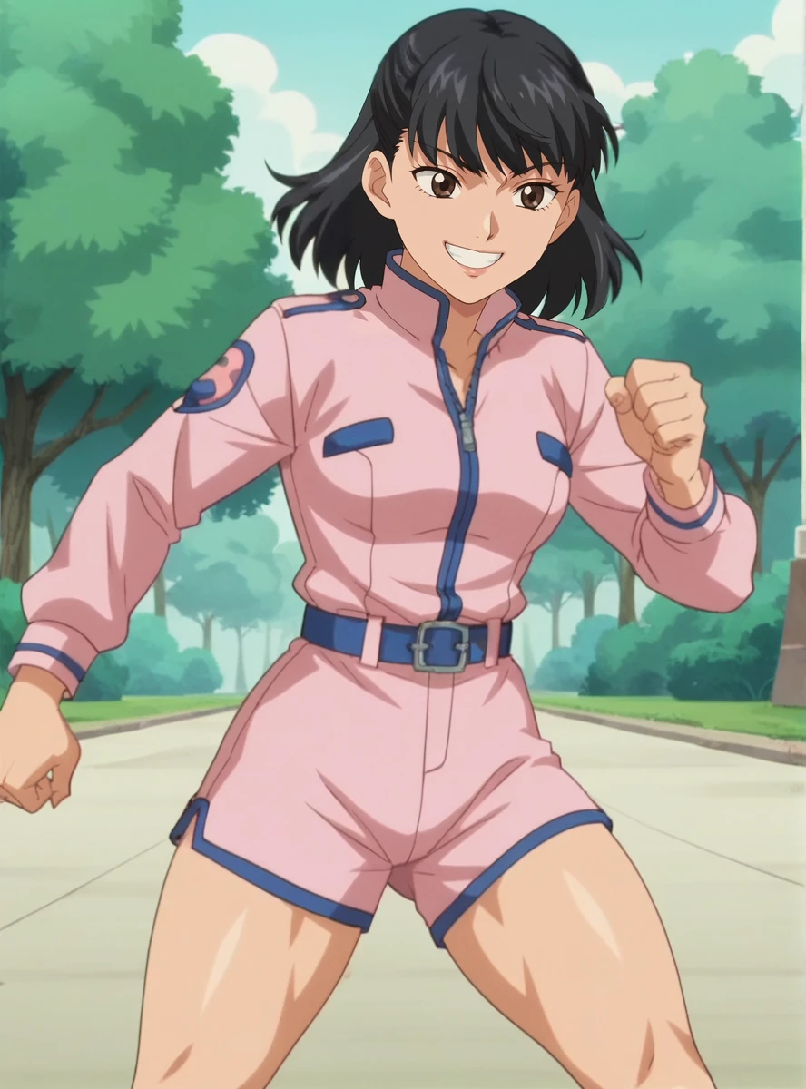 score_9, score_8_up, score_7_up, anime screencap,  anime screencap  anime_coloring <lora:MikiGoogleV:0.7>1girl, solo, black hair, mikijumpsuit, jacket, shorts, bangs, long sleeves, belt smile   fighting stance,  thick thighs , outdoors