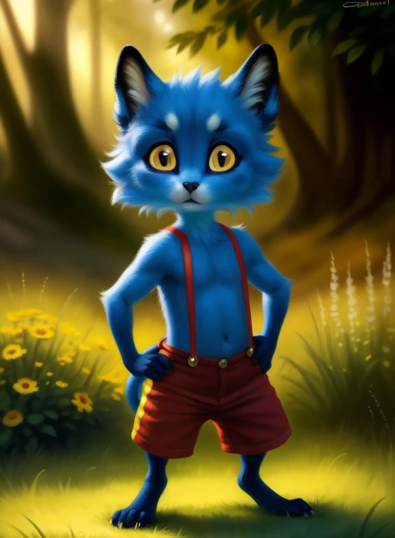 <lora:ChaleyGobYPYif:1> ChaleyGobYP, yellow sclera, black eyes, black ears, blue fur,  dark blue paws, red pants with suspenders, purple eyeshadow, chibi,
Looks at the viewer, Four fingers, ((Hands on hips, standing,))
[ large window, (nature), forest, grass, day shining, clouds, flowers, ]
(beautiful, aesthetic, perfect, delicate, intricate, saturated colors), masterpiece, digital drawing, best quality,
by ulitochka, by taran fiddler, by Silverfox5213, by personalami,