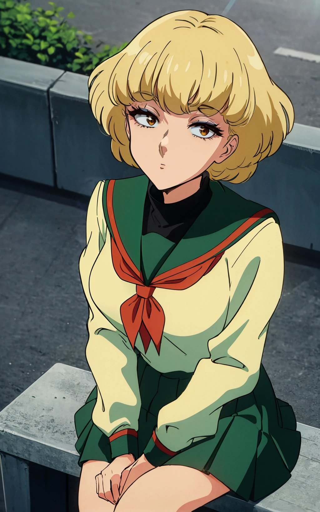 ((masterpiece, best quality)), insaneres, absurdres, solo,  vanishing point, 
Dress_IreneSandlers_ownwaifu, 
1girl, blonde hair, freckles, short hair, eyeshadow, makeup, bangs, breasts,
school uniform, turtleneck, long sleeves, green dress, sailor collar, serafuku,
retro artstyle, 1980s (style), 
outdoors, lens flare, depth of field, bokeh, embers, looking at viewer,
(from above, sitting)<lora:ANIME_DesertRose_IreneSandlers_ownwaifu:0.9>,