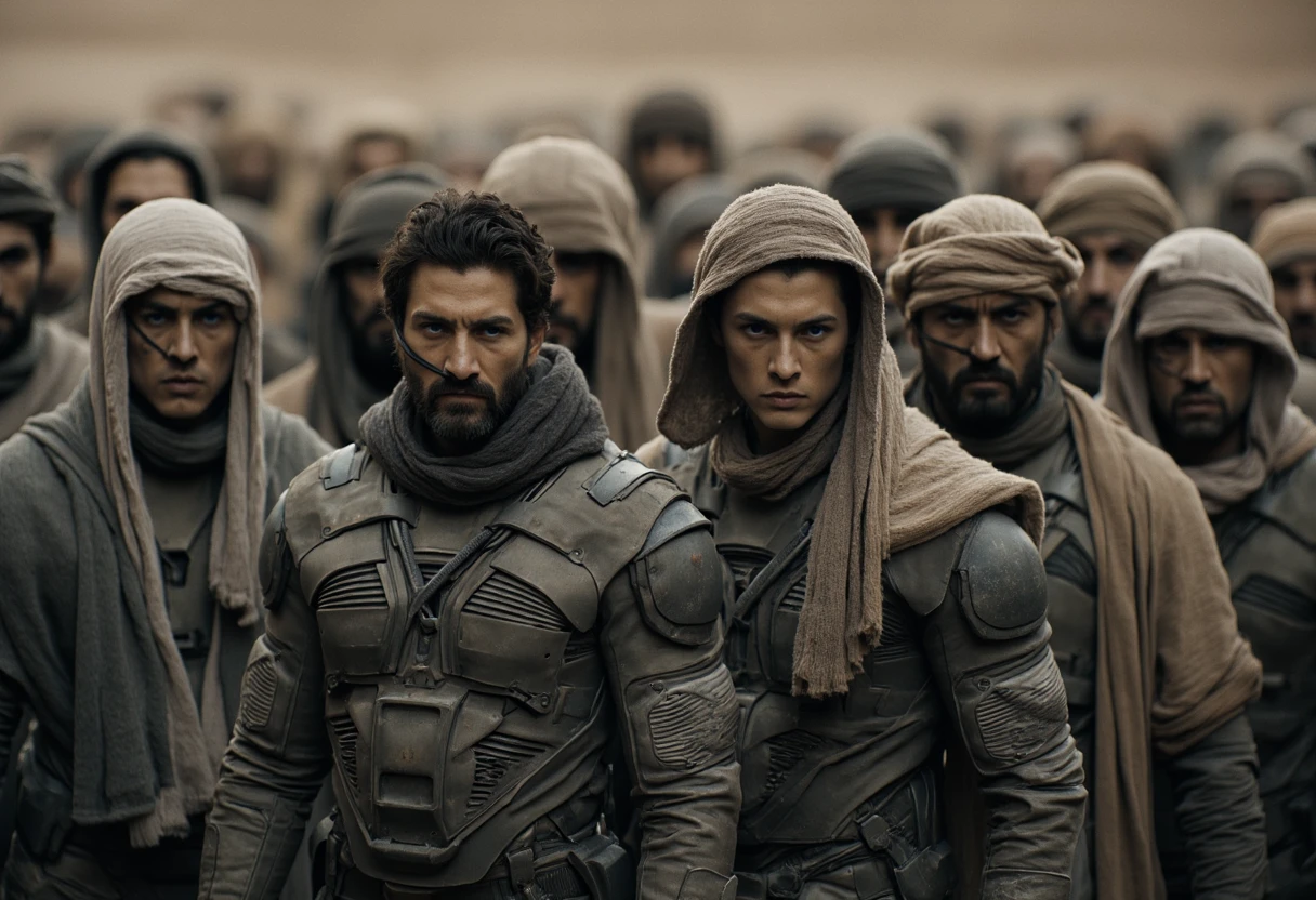 a group of rugged individuals, all wearing futuristic, rugged, and protective clothing, indicating a harsh, possibly post-apocalyptic setting. The group is gathered in a close formation, with a sense of urgency and tension. The individuals are wearing attire that includes heavy, armored suits with metallic and leather textures, designed to withstand extreme conditions. 

The image quality is film-like, cinematic and with film grain.