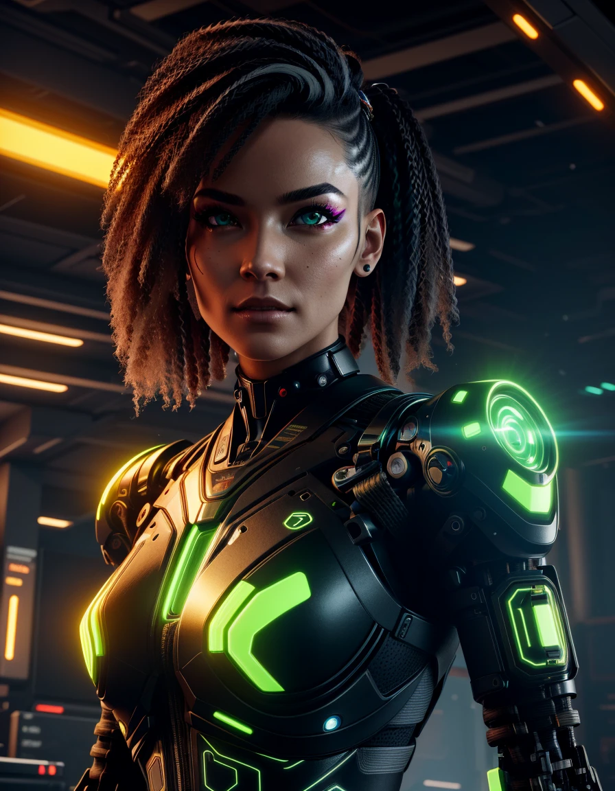 best quality,masterpiece,highly detailed,ultra-detailed, 
 <lora:neg9V2_last:0.5>   <lora:2024-09-01:-0.25>, 1girl, A cyborg donning an exoskeleton with a dynamic energy field, emitting pulsating light patterns. The synthetic skin seamlessly integrates with the energy field, creating a visually striking and dynamic appearance. The clothing is composed of adaptive, energy-responsive materials that react to the cyborg's movements, contributing to a futuristic and energetic ensemble. The hair is styled with energy-infused accents, completing the overall vibrant and cutting-edge look.  mechanical arms,  mecha musume, impossible clothes,  mechanical parts, gameplay mechanics,    Tiny breasts ,,  narrow waist, Mohawk with Neon Feathers - Neon Green    , fantastic details full face, dot nose,detailed Large eyes, green iris, curved eyebrows, dark brown beautiful Detailed Eyes,    lips at  in Cyberpunk 2077 ,The NetWatch headquarters, a high-security location where the NetWatch organization operates. It's a place where cybercrime is monitored and dealt with.  , extremely detailed eyes, fantastic details full face