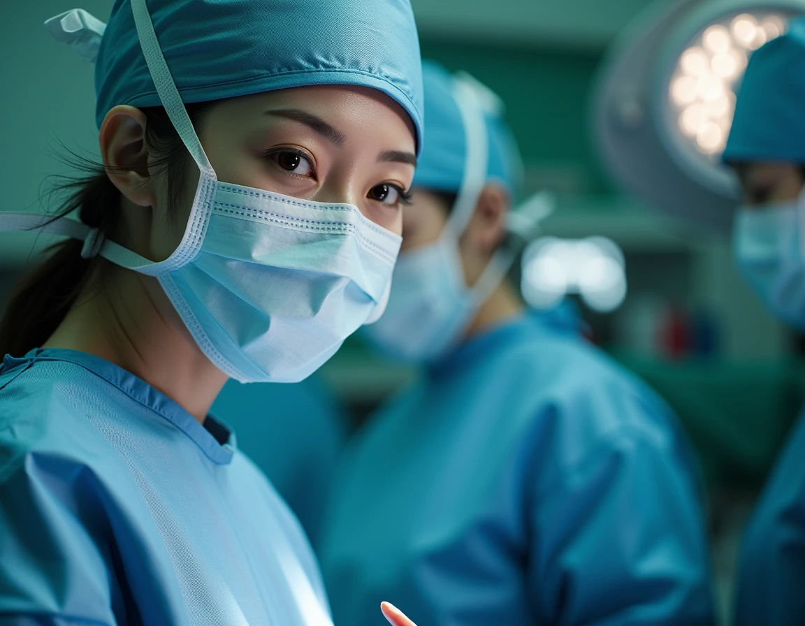 A beautiful Japanese female surgeon in operating room. She wears long sleeve surgical outfit, surgical cap, surgical mask and gloves. She is looking at the camera.
<lora:surgical_outfits_for_flux-000006:1>, Photorealistic, Hyperrealistic, Hyperdetailed, analog style, soft lighting, subsurface scattering, realistic, heavy shadow, masterpiece, best quality, ultra realistic, 8k, golden ratio, Intricate, High Detail, film photography, soft focus