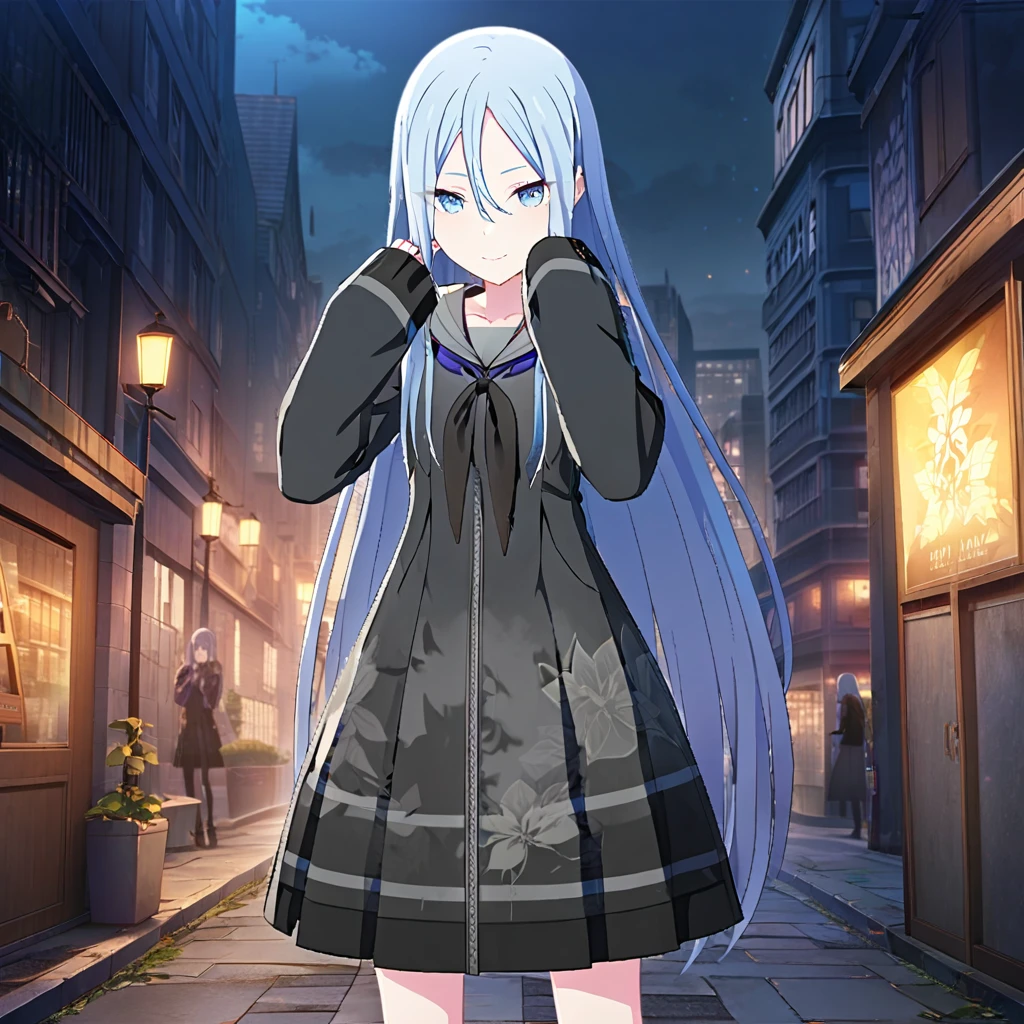 1girl, yoisaki kanade, project sekai, masterpiece, very aesthetic, absurdres, official art, recent,
brandnew kanade, silver very long hair, blue eyes, 
(looking at viewer:1.4), light smile, standing, hands over ears, BREAK
long sleeves, sleeves past fingers, 
outdoors, dark atmosphere, dark, city of night, midnight,
 <lora:sdxl-25-BNKanade03:1:lbw=0,0,0.2,0.2,0,0.4,0.4,0,0.8,0.8,0,0,0,0.8,0.8,0.6,0.8,0.0,0.0,0.0,0,0,0,0,0,0>