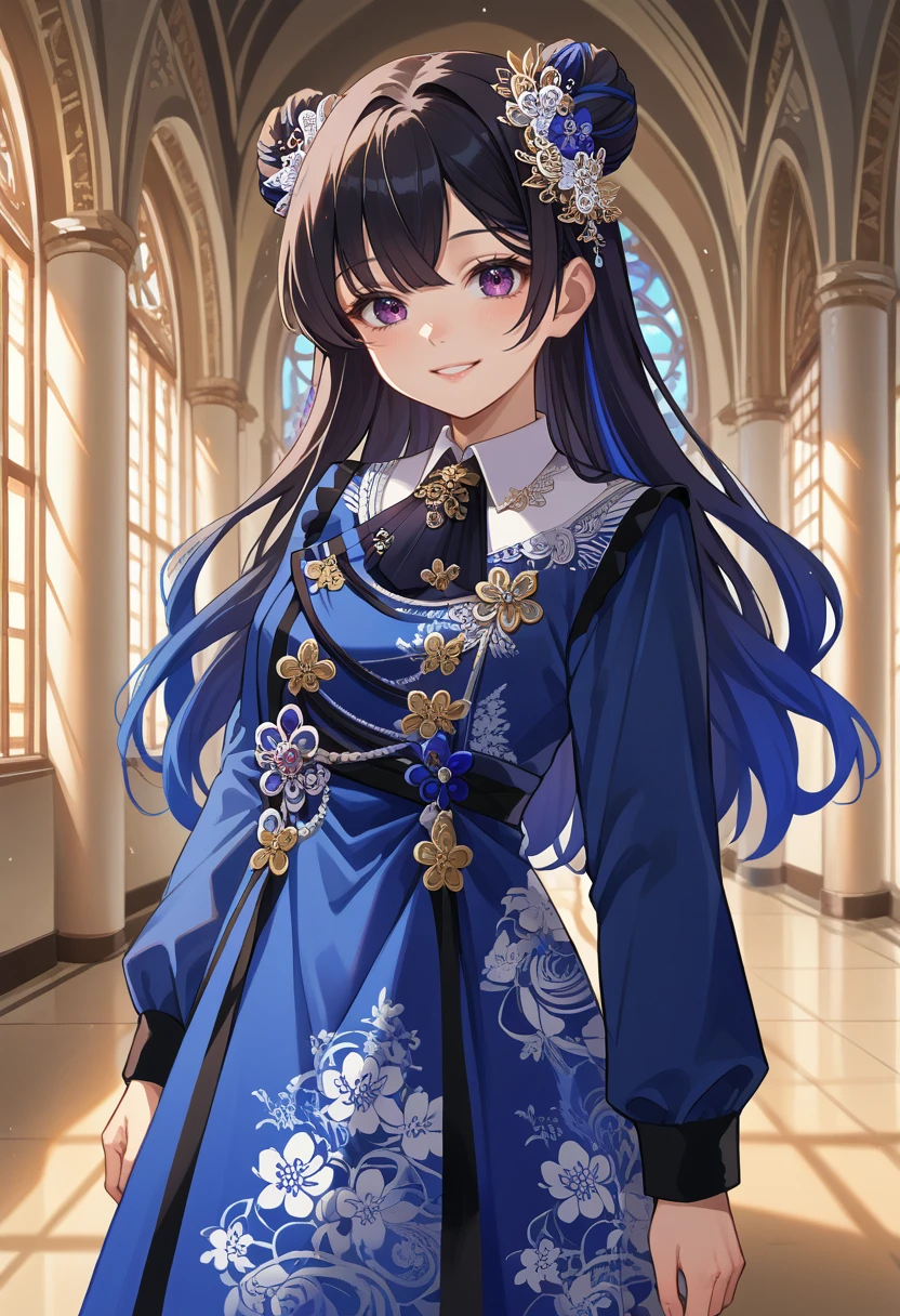 score_9, score_8_up, source_anime, 1girl, solo, IchinoseDress, long hair, double bun, gradient hair, hair ornament, hair flower, black ascot, collared dress, blue dress, floral print, long sleeves, indoors, palace, smile, <lora:ChamIchinoseUruhaPonyXL:1>