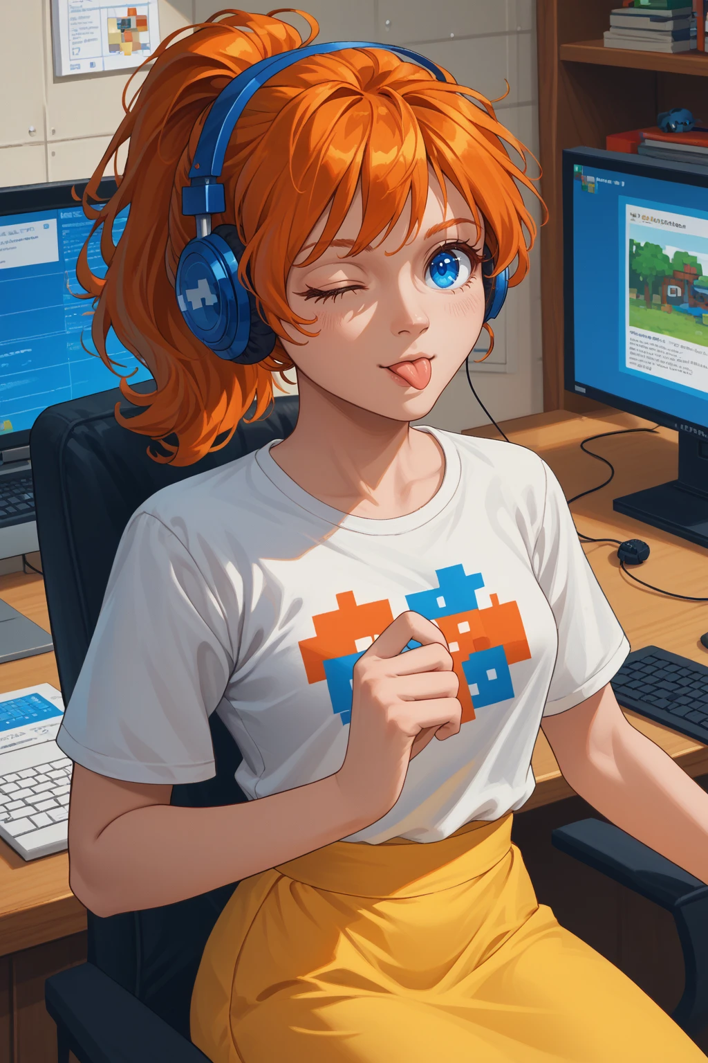 score_9, score_8_up, <lora:NSMechanicTerraria:1> NSMechanicTerraria, blue eyes, orange hair, ponytail, medium hair, one eye closed, tongue, white t-shirt, yellow skirt, indoors, headphones, computer