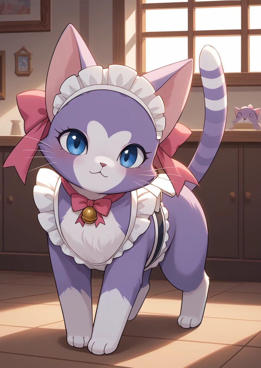 score_9, score_8_up, score_7_up, score_6_up, score_5_up, BREAK
Amanda, solo, blue eyes, bow, ribbon, no humans, bell, cat, pink bow, :<, animal focus, furry, full body, cute, detailed background, house, purple fur, (heart shaped fur), maid outfit, maid headdress, feral