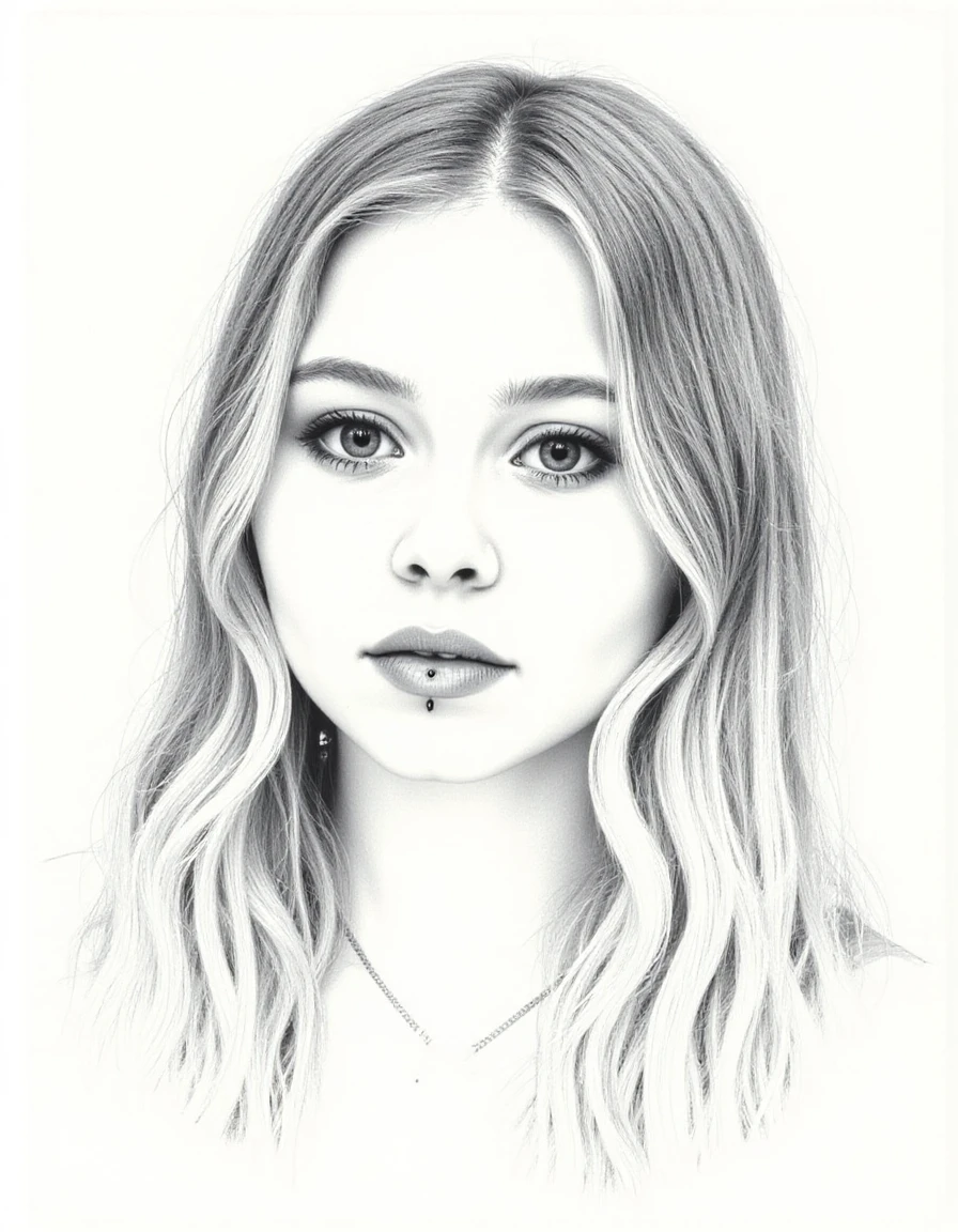 hand drawing sketch of aimeevanbaalen. She is looking serious. She is wearing her lower lip piercing. The sketch is drawn on white paper.