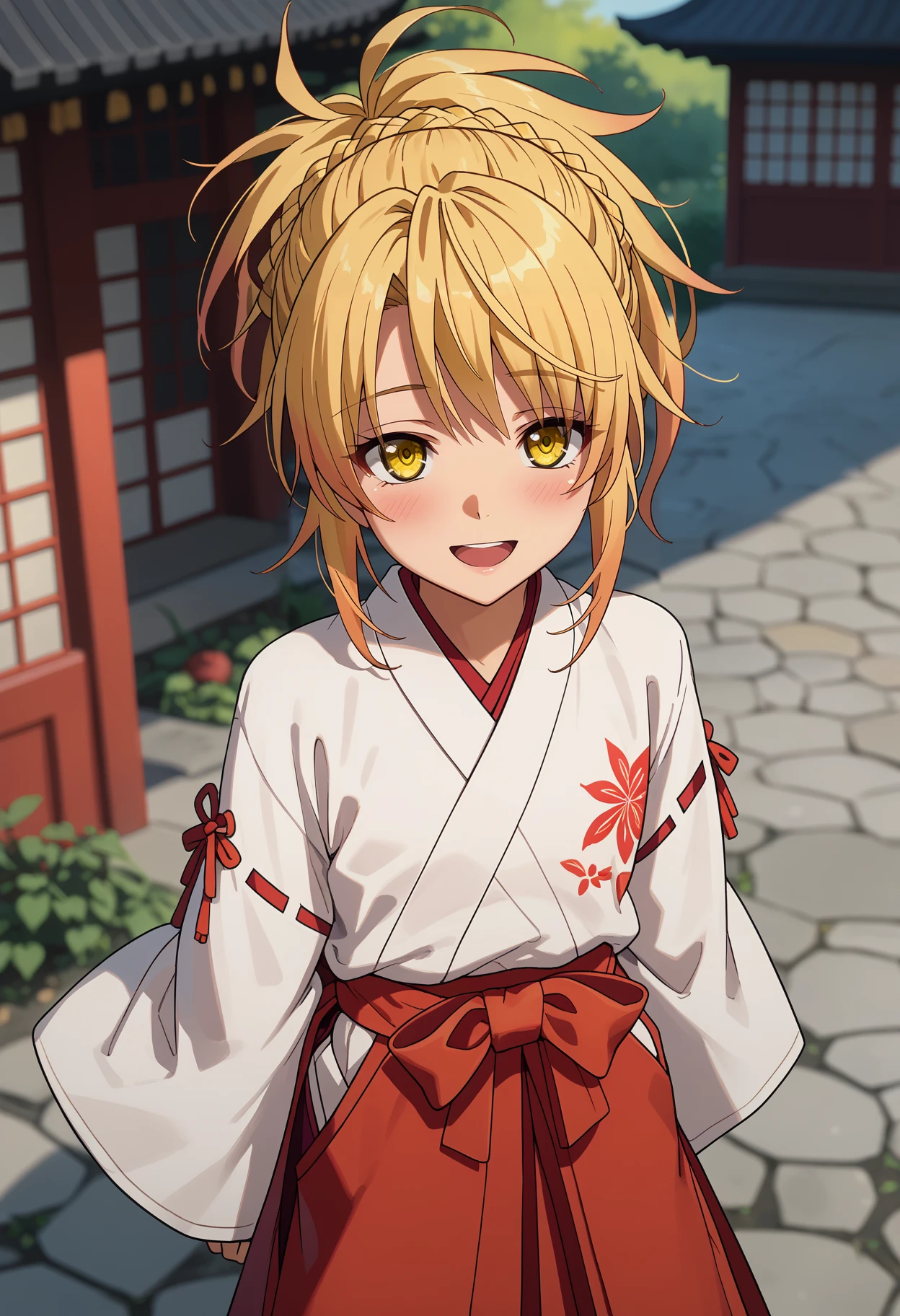 score_9, score_8_up,
<lora:HighschoolDxD_KunouXL:0.9>,
1girl, solo, open mouth, smile, blush,
ponytail, blonde hair, braid, yellow eyes,
KunouMiko, white kimono, hakama skirt, red hakama, ribbon trim, wide sleeves,
looking at viewer, from above, arms behind back,
blurry background, outdoors, east asian architecture