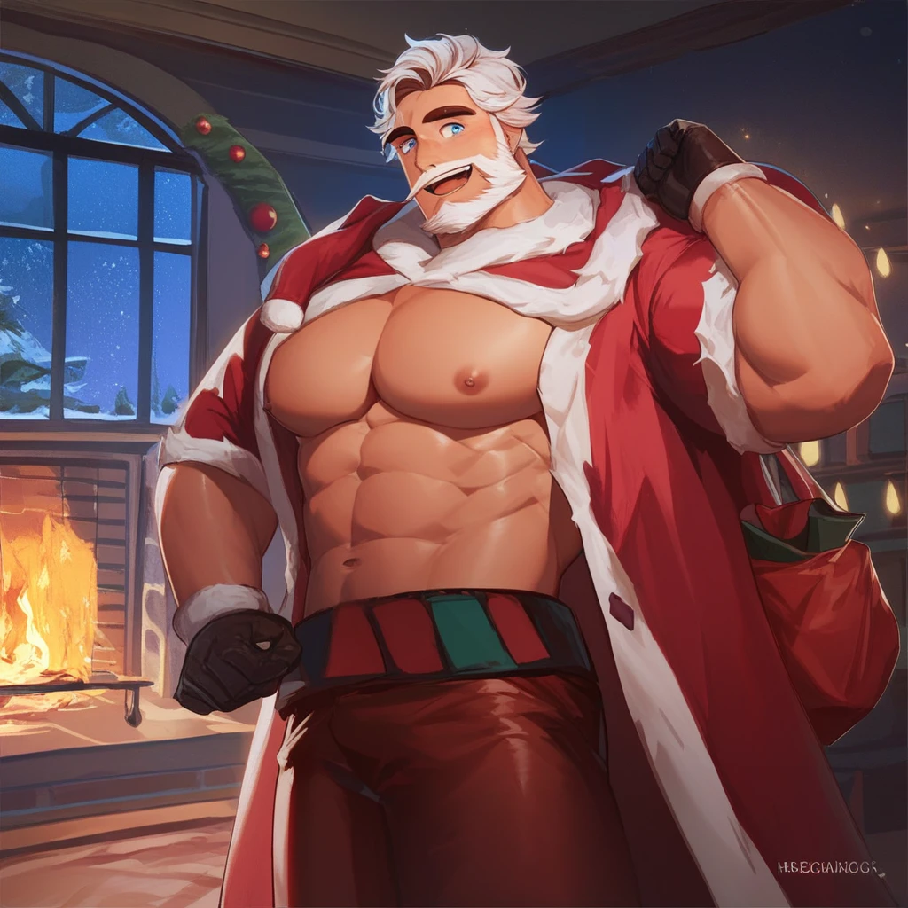 score_9, score_8_up, score_7_up, masterpiece, best quality, lots of details, ((1boy)), mature male, solo, muscular, male focus, Eggnog_cookie, bara, muscular male, blue eyes, facial hair ,beard,full beard, white hair,short hair, santa claus costume , shirtless santa claus costume ,bag of gifts,a bag with gifts on the shoulder, pectorals,indoors, in the house,fireplace in the background, hold a bag with gifts,happy,night,window lights up the room, cheering, open mouth, Expressiveh, countershading:1.1