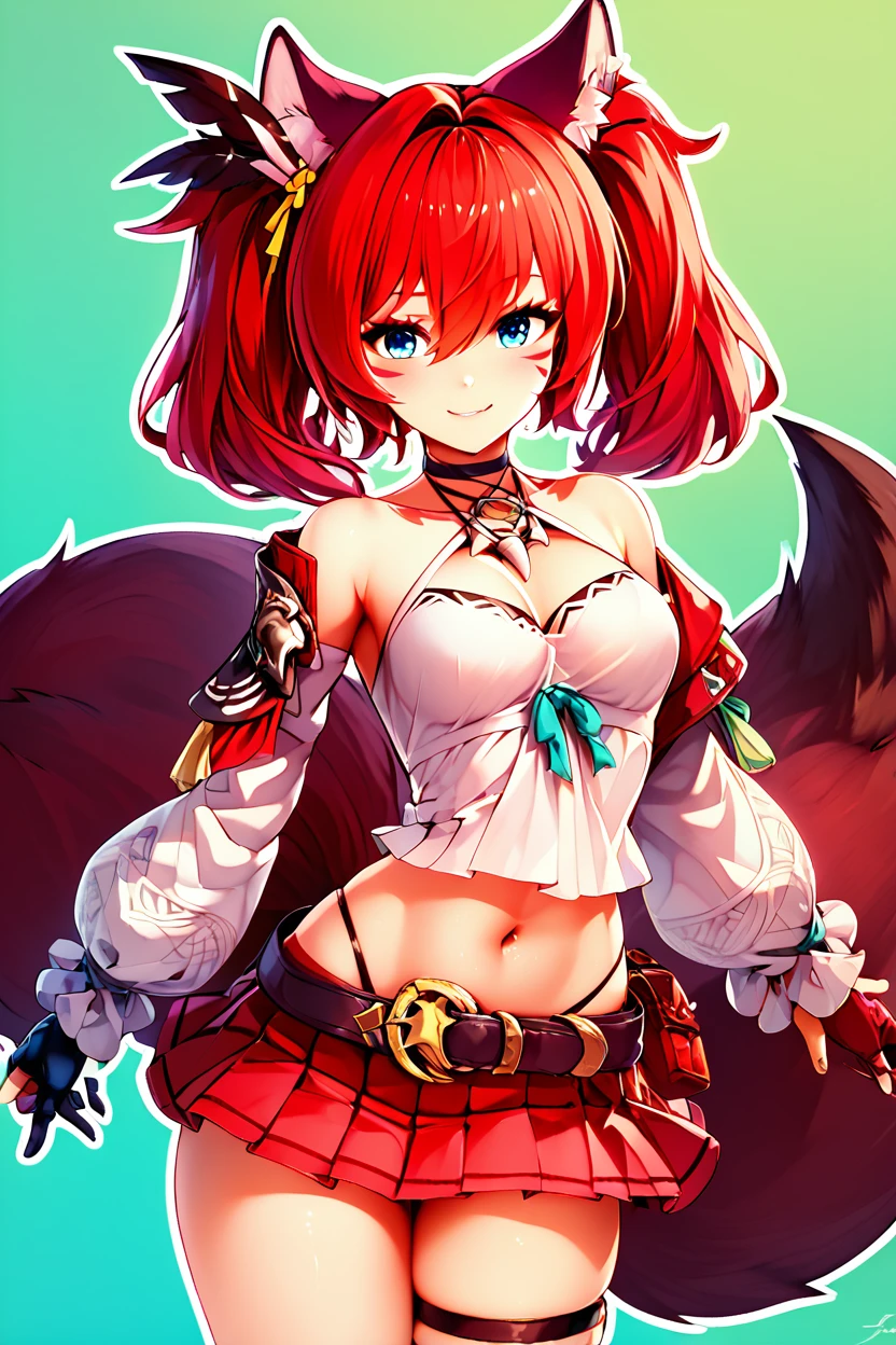 score_9, score_8_up, score_8, medium breasts, (curvy), cute, eyelashes,       BREAK, ,  zzTerara, red hair, fox tail, hair between eyes, ,,, asymmetrical gloves, bare shoulders, belt, black choker, black gloves, criss-cross halter, crop top, detached sleeves, fingerless gloves, fox tail, halterneck, jewelry, long sleeves, miniskirt, navel, necklace, pleated skirt, red skirt, thigh strap, white shirt,  <lora:AzurPromiliaPDXL:0.8>, ,   BREAK,  smile, looking at viewer,  green background, (white outline:1), cowboy shot,   embedding:zPDXL, Expressiveh,  <lora:CatalystStylePDXL:0.6>,   <lora:SDXLFaeTastic2400:0.5>,   <lora:Expressive_H-000001:0.4>,