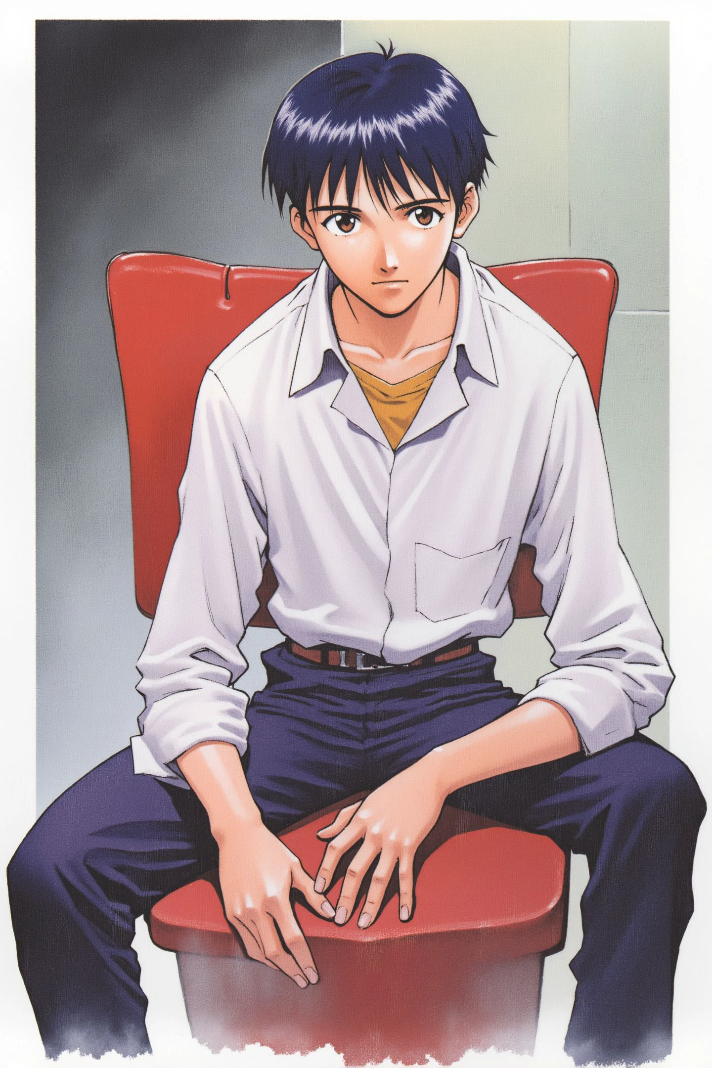 Sadamoto Yoshiyuki Style,1boy,ikari shinji,male focus,solo,black hair,sitting,chair,shirt,long sleeves,black pants,collared shirt,brown eyes,1990s \(style\),
<lora:Sadamoto Yoshiyuki_FLUX:1>,