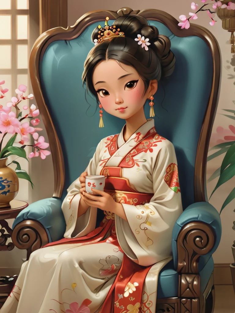 This new idea brings a lavish and peaceful painting of a chinese princess enjoying tea and admiring flowers in the traditional Chinese clothing. We will see the princess seated on an ornate chair, wearing an elaborate dress with intricate decorative details such as a flowing robe, puffed sleeves, and classic jewelry. She holds a cup of tea, savoring each sip in tranquility. The princess's face exudes a sense of innocence and purity, with large, captivating eyes and a gentle smile. Her hairstyle will be ornately arranged, perhaps in an elegant high bun or adorned with delicate floral accessories. Surrounding her is a serene environment, with lush, blooming flowers and soft, diffused lighting filling the room. This helps to accentuate the pure and peaceful aura of the princess. Overall, the painting will present a graceful and romantic scene of a princess enjoying tea and admiring flowers