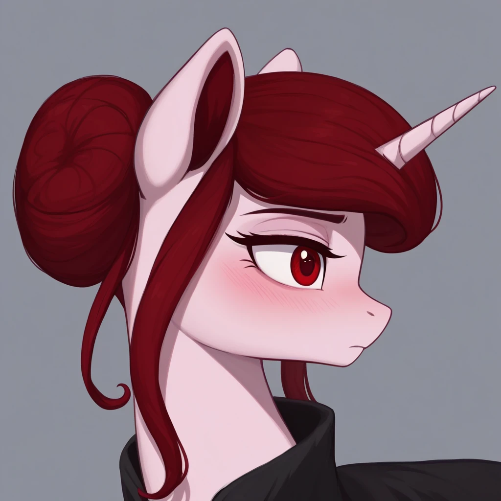 masterpiece, score_9, score_8_up, score_7_up, (best quality:1.1), ultra-detailed, high resolution, 1character, solo, Rosa Maledicta, (Queen of Blood), pony, unicorn, feral, female, mare, (((beautiful detailed red eyes))), long eyelashes, eyebrows, fluffy pony ears, horn, tail, pale pink skin, dark red mane, hair bun, black royal cloak, jewelry, ruby ​​locket, blush, highly Visible, sharp focus, perfect lighting, shadow, anatomically correct, extremely detailed, high detail, portrait, profile, from side, expressiveh, high res, simple background