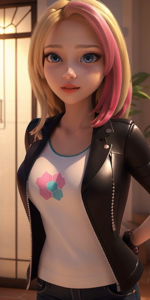 Hyperrealistic, photorealistic, super detailed, black unbuttoned jacket, white T-shirt, bright yellow jeans, vivid shade of azure eyes, shoulder length sandy blonde hair that has significantly shorter bangs with the ends reaching her shoulders, (hot pink dyed strands on the left side), light freckles, coral lips, body like in real life, large pores, peach skin tone, slender, beautiful arms, very little very flat breasts, unreal engine, octane render, droped shadow, bokeh, cinematic lighting, <lora:add_detail:0.5>, <lora:Volumetric_lighting:0.6>, Zoe Lee, , <lora:9c5d584a-ab50-49af-9d50-d339318f14f4:0.7>