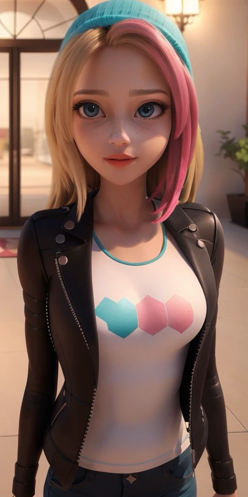 Hyperrealistic, photorealistic, super detailed, black unbuttoned jacket, white T-shirt, bright yellow jeans, vivid shade of azure eyes, shoulder length sandy blonde hair that has significantly shorter bangs with the ends reaching her shoulders, (hot pink dyed strands on the left side), light freckles, coral lips, body like in real life, large pores, peach skin tone, slender, beautiful arms, very little very flat breasts, unreal engine, octane render, droped shadow, bokeh, cinematic lighting, <lora:add_detail:0.5>, <lora:Volumetric_lighting:0.6>, Zoe Lee, , <lora:9c5d584a-ab50-49af-9d50-d339318f14f4:0.7>